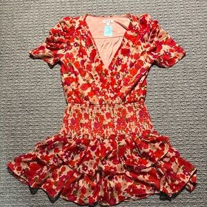 TCEC Red Puff Sleeve Wrap Mini Smocked/ Ruffle Dress Size M- NWT